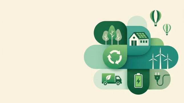 Layered paper cut art of green eco concept landscape with environmental protection icons.