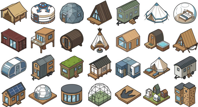 Isometric tiny house vector icon set with glamping tents cabins container homes and alternative outdoor glamping accommodation archit