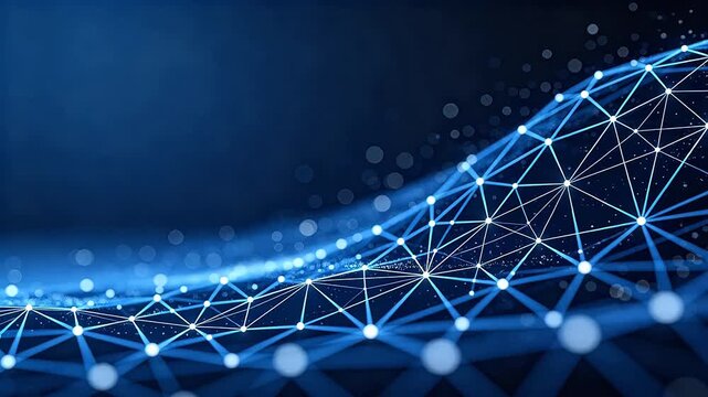 Abstract digital network with white nodes and blue lines on dark background