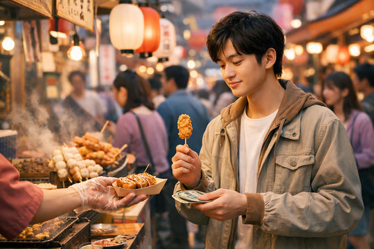 Young Man Buying Street Food at Asian Night Market