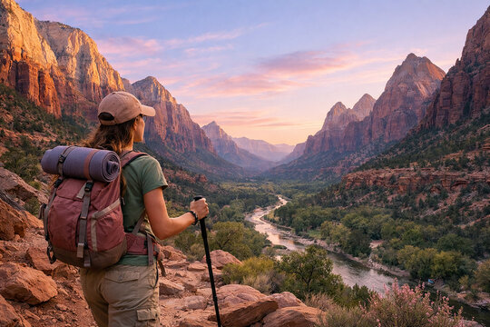 Female Backpacker Hiking and Standing on Mountain Canyon Overlook