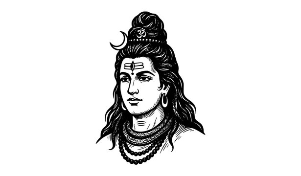 Lord Shiva Portrait Black and White Engraved Line Art Vector