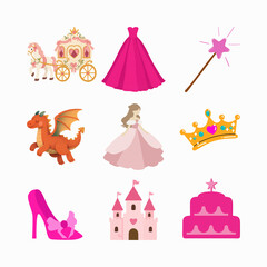 A collection of fairy-tale-themed vector icons dominated by soft pink tones. The set includes various magical elements such as a princess dress, a royal carriage, a sparkling magic wand. © Risya