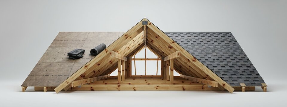 Detailed cross-section view of a house roof showing wooden truss structure, insulation, and shingle installation.