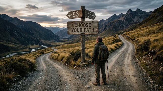 Rear view of a traveler with backpack standing at a fork in a mountain road beside a wooden signpost reading Choose Your Path in a vast valley landscape at sunset.