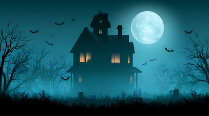 Fototapeta premium Spooky Haunted House Silhouetted Against a Full Moon in a Misty Dark Landscape