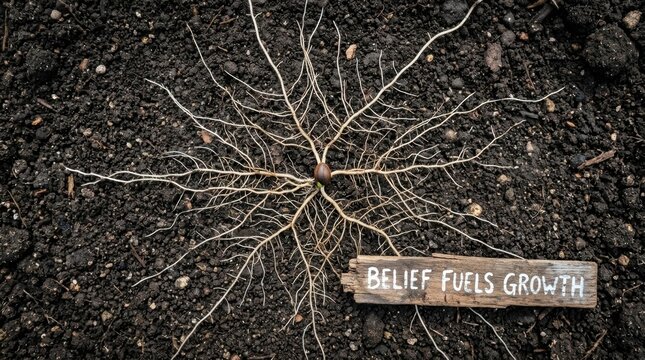 Top-down view of a germinating seed with intricate white roots spreading across dark soil, accompanied by a rustic wooden sign with the text "BELIEF FUELS GROWTH" on the bottom right.