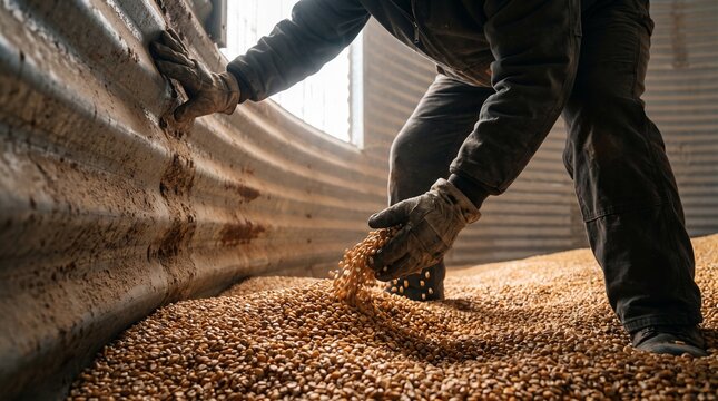 Farmer wearing heavy work gloves, golden harvested wheat grain pile, scooping raw grain inside metal silo, agricultural storage bin interior, agricultural industry photography