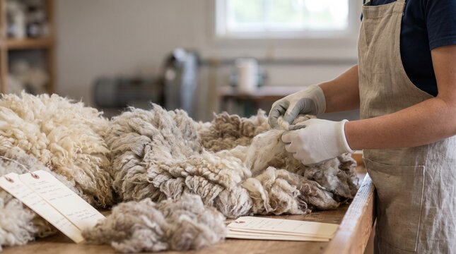 Artisan textile worker hands, raw unspun sheep wool fibers, sorting fleece on wooden table, rustic craft workshop studio, craft industry photography