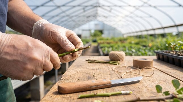 Gardener hands in gloves, cutting plant stem with knife, preparing scion stem for grafting, glass greenhouse nursery bench, agriculture photography