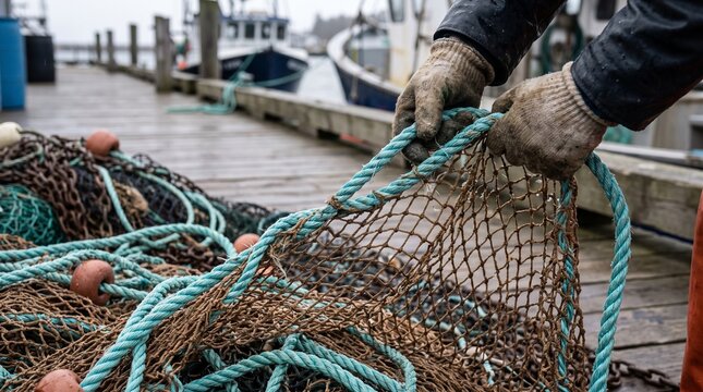 Fisherman hands in gloves, holding blue rope and netting, pulling fishing net, wooden harbor dock with boats, commercial fishing photography