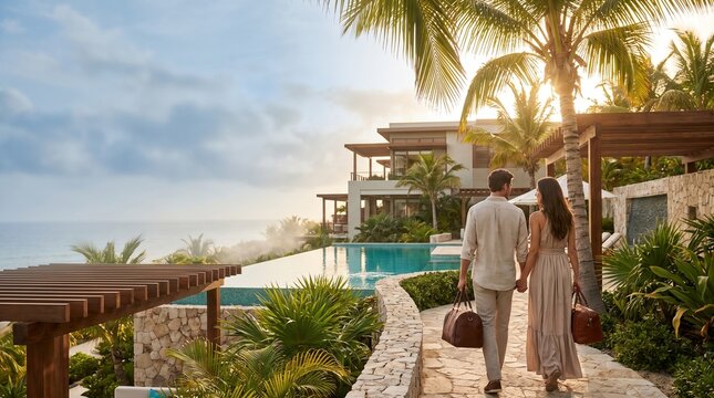 Couple holding hands with travel bags, walking along stone path, strolling near resort infinity pool, luxury tropical villa at sunset, vacation photography