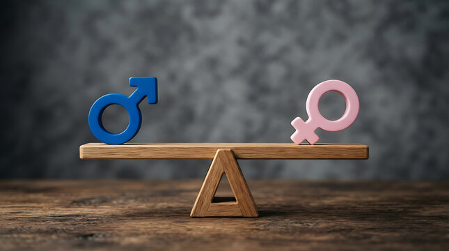 Blue male and pink female symbols balanced on a wooden seesaw