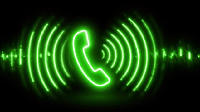 Glowing neon green telephone icon with radiating sound waves