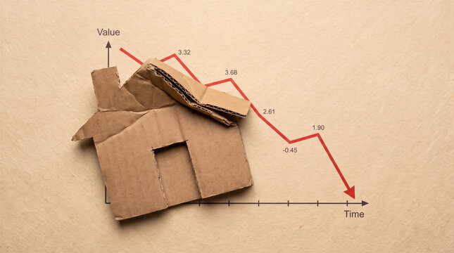 Damaged cardboard housing property crash, mortgage recession crisis and economic downturn decline chart.