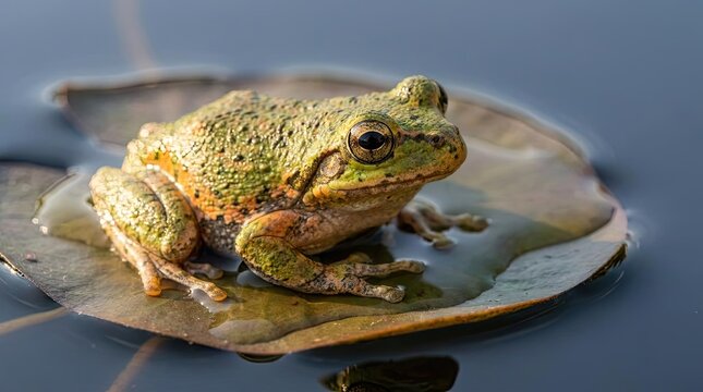 Green tree frog sitting on lily pad in pond