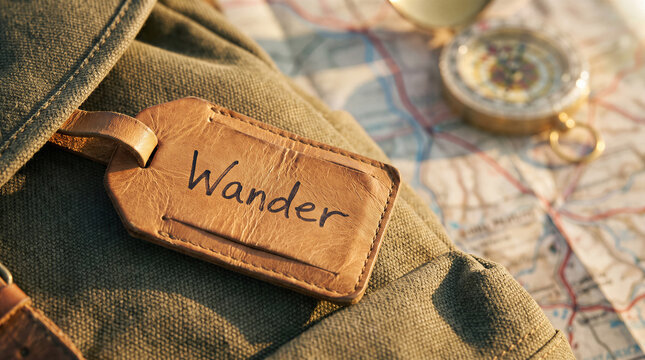 Leather travel tag with wander on canvas backpack, vintage map and compass for adventure journey exploration.