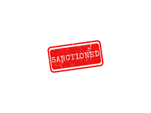 A vibrant red rubber stamp featuring the word sanctioned in white text, ideal for legal and regulatory compliance documents