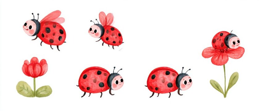 Cute watercolor illustration of a cute ladybug flying and resting on a flower, four different poses in a horizontal row, character sheet, isolated on a white background, soft colors, children's book