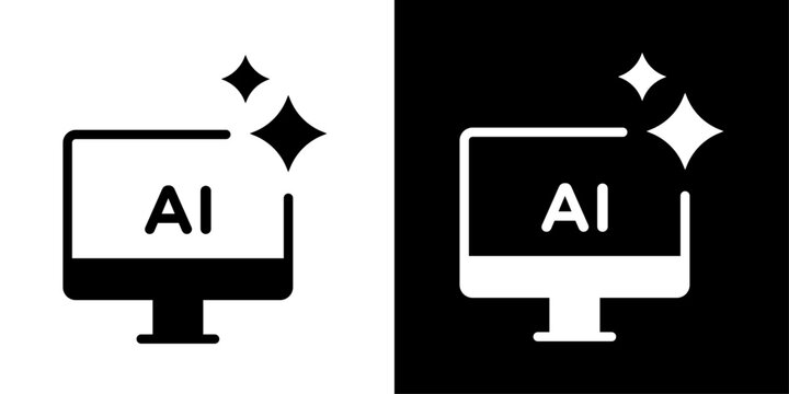 AI smart monitor icon with sparkle badge, for computer vision, dashboard, and desktop AI apps
