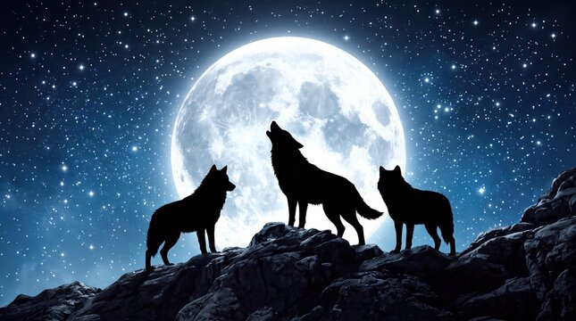 Silhouettes of howling wolves under full moon in night sky