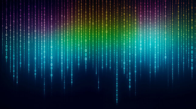 Futuristic Cyber Matrix Binary Code Stream with Gradient Neon Data Rain on Dark Cyberspace Background