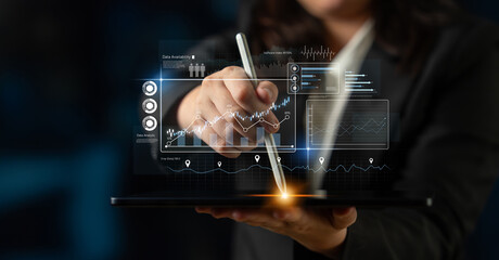 High-tech data visualization dashboard for analytics and performance tracking, including data...