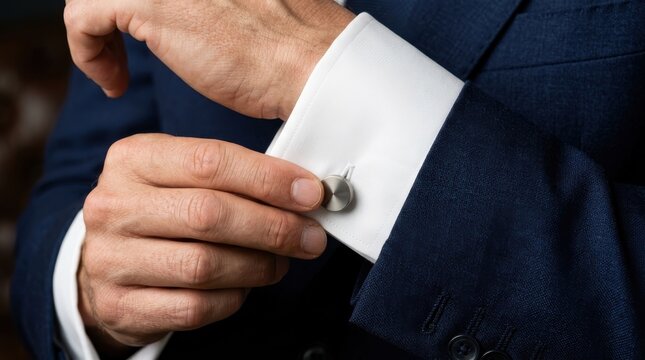 Close-up of a businessman in a stylish blue suit buttoning his white shirt cuff links carefully