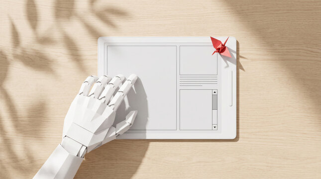 Robot hand touching digital tablet touchscreen mockup with papercraft origami crane interface.