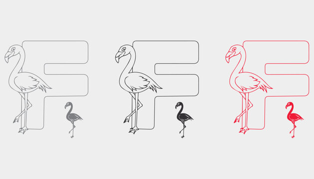Vector illustration of educational alphabet letter F with cute flamingo outline for kids coloring page and preschool learning worksheet
