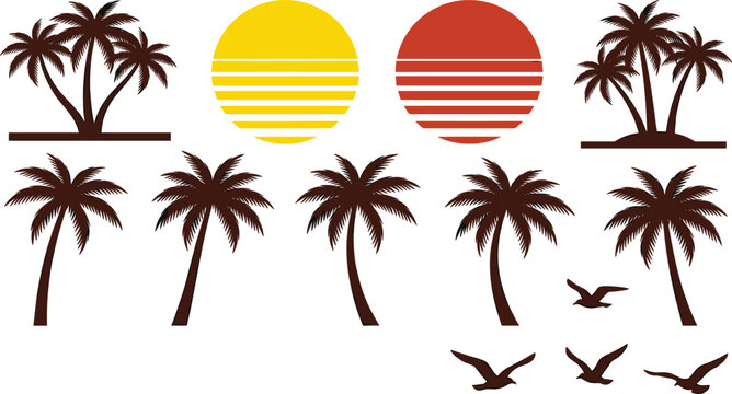 Retro sunset palm tree silhouette vector set featuring vintage striped sun shapes and flying seagulls isolated illustration