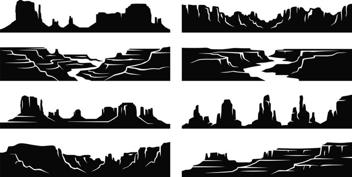 Desert canyon and monument valley mountain silhouettes vector set featuring panoramic rocky cliff borders