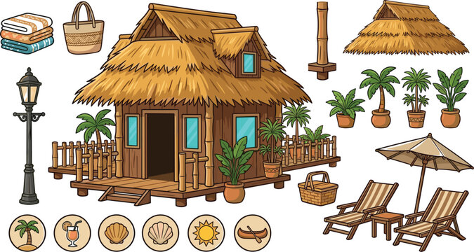 Tropical beach resort bungalow vector set with bamboo straw hut deck chairs umbrella palm trees and vacation icons