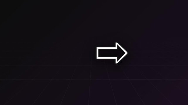White outline arrow moving horizontally across a dark grid background in a minimalist digital motion graphic loop design element for user interface and navigation concepts