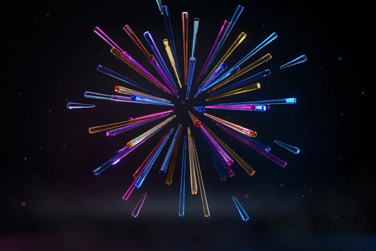 Abstract neon light burst on black background, colorful glowing geometric lines, futuristic digital explosion for tech design