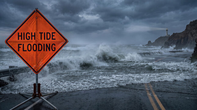 High tide flooding warning sign on coastal road during severe ocean storm surge with rough wave.