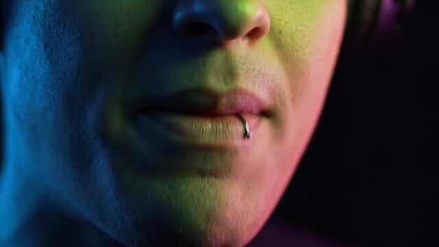 Extreme Close Up of Person Singing or Speaking with Vibrant Neon Purple Lighting