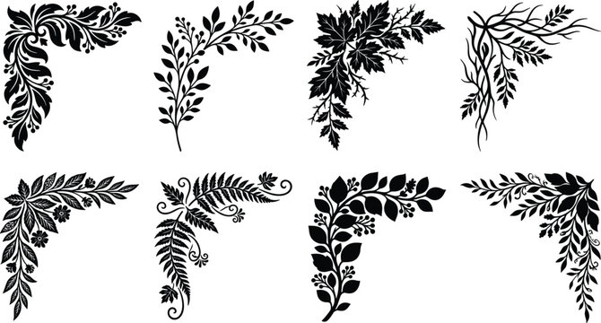 Botanical corner borders and floral frames silhouettes set featuring maple leaves fern branches and berries