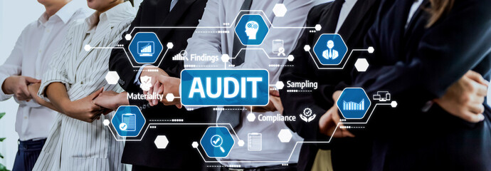 A diverse team of professionals stands together, showcasing collaboration in the audit process, surrounded by digital icons representing key elements of auditing and compliance. Amity © InfiniteFlow