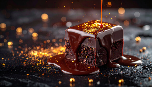 Decadent chocolate brownie cube covered in glossy syrup and golden sprinkles on dark surface