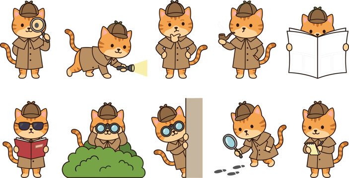 Cute detective cat cartoon character vector set featuring funny ginger investigator mascot solving mysteries isolated illustrations