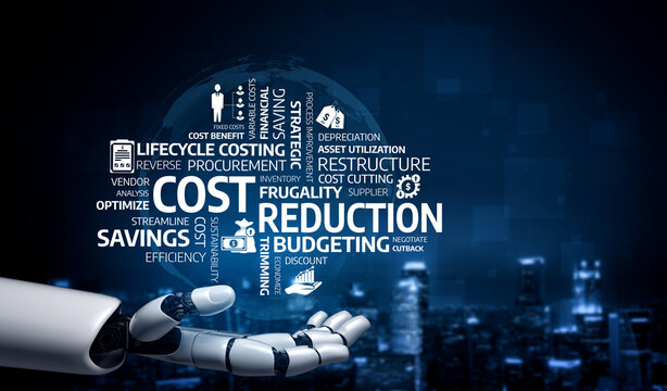A robotic hand reaches out in a modern business environment, symbolizing the concepts of cost reduction and budgeting for enhanced efficiency and strategic planning. Tessel