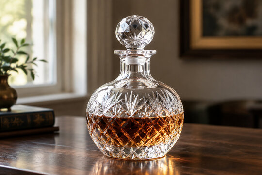 A classical cut-glass decanter resting on a dark wood surface, softly lit by window light.