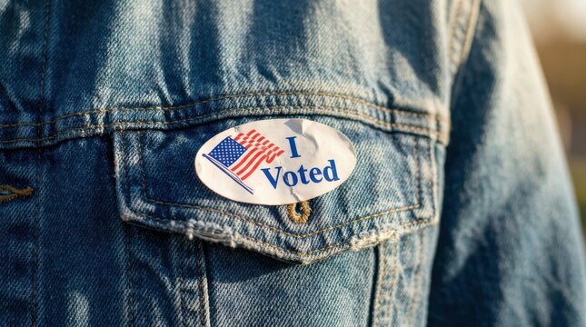 I voted sticker with american flag pinned on a blue denim jacket pocket for a national election day event