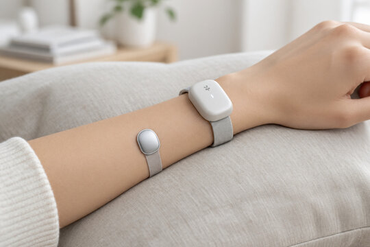 Adult forearm with fabric wristband and silver skin sensor on linen cushion, wearable biofeedback device, health monitoring concept