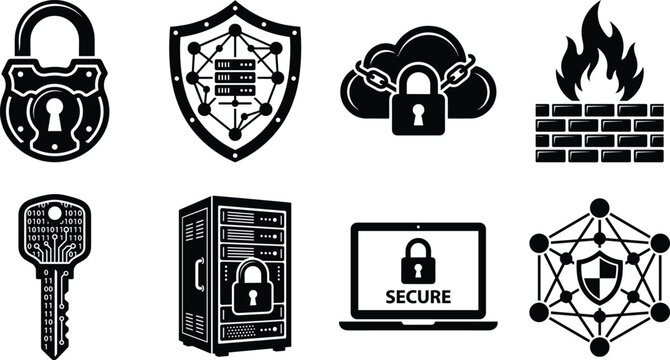 Cybersecurity and Network Protection Silhouette Icon Set with Padlock Firewall Server Secure Cloud Laptop and Digital Shield