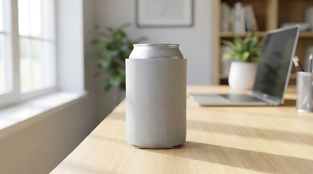 A beige beer can cooler sitting on a wooden desk inside a bright home office with a laptop in the background. koozie mockup