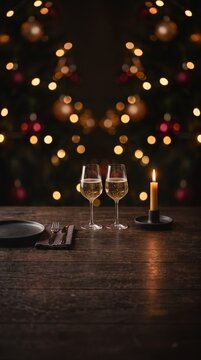 Elegant holiday dinner setup with champagne glasses and lit candle on wooden table