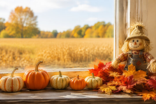 Window ledge with pumpkins, fall leaves, scarecrow, and golden field view, warm cozy autumn scene