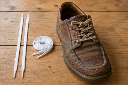 New replacement shoelaces beside old worn leather shoe, contrast of new and old
